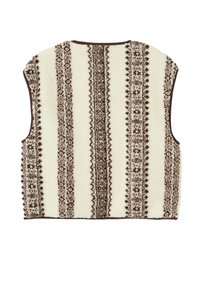 Veste sans manches en polaire crème avec des motifs géométriques marron foncé, dotée d'un col rond et d'un design sans manches, soulignée par des contours contrastants.