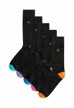 Black socks with contrasting colored toes: green, purple, blue, pink, and orange. Features a small logo on the upper section.