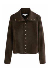 Cardigan marrone in maglia a coste con un ampio colletto strutturato, bottoni a pressione argentati sul davanti e una vestibilità corta. Tessuto morbido.