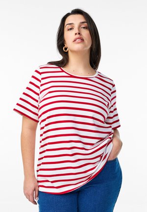 Kurzarm-T-Shirt mit Rundhalsausschnitt und horizontalen rot-weißen Streifen. Aus weichem Stoff gefertigt, mit entspannter Passform und Seitennähten.