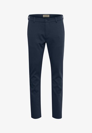 Navy blue trousers made of smooth fabric, featuring a button front, belt loops, and a straight leg design with subtle crease details.