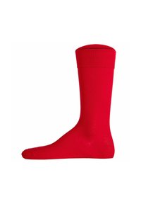 Calza rossa di cotone con risvolto a costine, design fino al ginocchio, texture liscia e punta senza cuciture. Nessun motivo o accento aggiuntivo visibile.