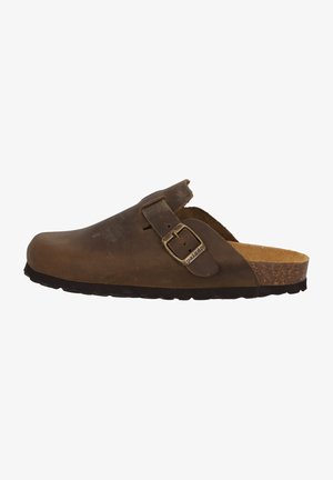 Brown leather clog with an adjustable buckle, cork footbed, rubber outsole, and a rounded toe. Smooth texture, minimalist design.