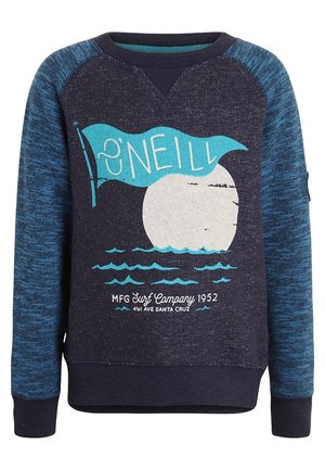 Granatowo-niebieski sweter z długim rękawem z grafiką flagi "O'Neill", białym słońcem, niebieskimi falami i tekstem "MFG Surf Company 1952 41st Ave Santa Cruz".