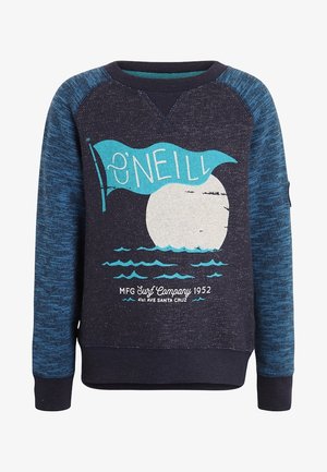 Marineblauer und blauer Pullover mit langen Ärmeln mit „O'Neill“-Flaggen-Grafik, weißer Sonne, blauen Wellen und dem Text „MFG Surf Company 1952 41st Ave Santa Cruz“.