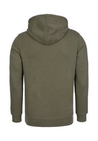 Felpa oliva verde semplice con maniche lunghe e cappuccio, mostrata dal retro su uno sfondo bianco.