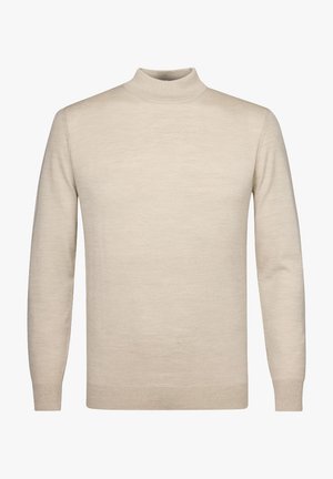 Pull col roulé beige en maille douce, à manches longues, avec une silhouette ajustée et un col côtelé.