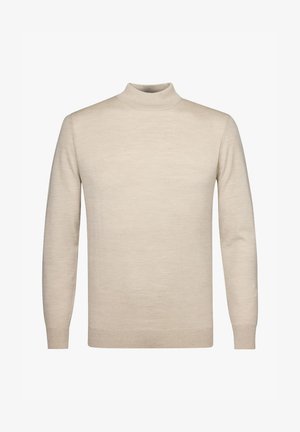 Beige Rollkragenpullover aus weichem Strickmaterial, mit langen Ärmeln, einer figurenbetonten Silhouette und einem gerippten Kragen.
