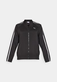 Black track jacket made of smooth fabric with white side stripes, a stand-up collar, and a front zipper, featuring an embroidered logo on the chest.