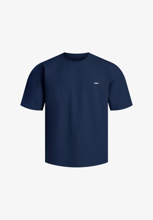 Navyblaue T-Shirt mit kurzen Ärmeln aus Baumwollmischgewebe, mit Rundhalsausschnitt und einem kleinen Logo-Tag im linken Brustbereich.