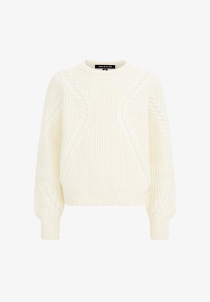 Maglione crema in maglia con motivi a treccia, polsini e orlo a coste e scollo rotondo con etichetta interna "Today is my day".