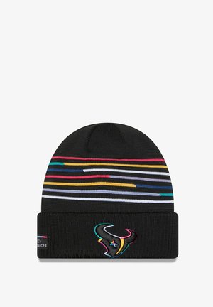 Black knit beanie with multicolored horizontal stripes, featuring an embroidered logo at the front and a snug ribbed cuff.