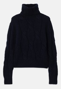 Marineblauer, gestrickter Rollkragenpullover mit Kabelmuster, strukturiertem Stoff sowie gerippten Bündchen und Saum. Lockere Passform mit langen Ärmeln.