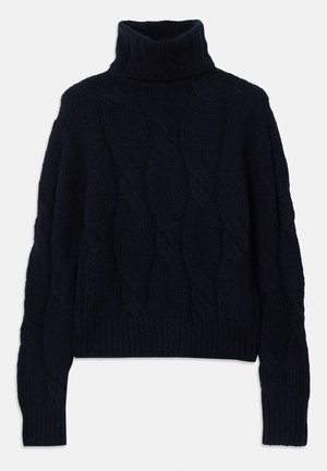 Marineblauer, gestrickter Rollkragenpullover mit Kabelmuster, strukturiertem Stoff sowie gerippten Bündchen und Saum. Lockere Passform mit langen Ärmeln.
