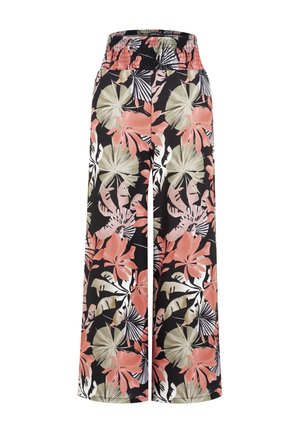Pantalon à jambes larges avec une taille haute smockée et un motif floral tropical en corail, beige, blanc et noir.