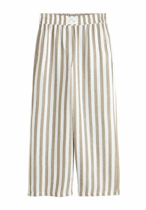 Pantalon léger à jambes larges à rayures beige et blanches, avec une taille élastique et un tissu doux à finition légèrement texturée.