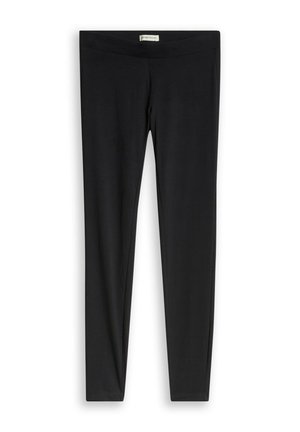 Zwarte, nauwsluitende leggings in volledige lengte met een brede tailleband en zonder zichtbare zakken of patronen.