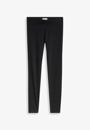 Zwarte, nauwsluitende leggings in volledige lengte met een brede tailleband en zonder zichtbare zakken of patronen.