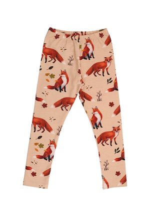 Leggings made of soft fabric featuring a light beige background, with orange fox illustrations and autumn leaves in various colors.