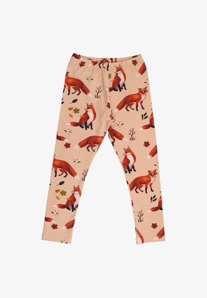Leggings aus weichem Stoff mit einem hellbeigen Hintergrund, verziert mit orangefarbenen Fuchsillustrationen und herbstlichen Blättern in verschiedenen Farben.