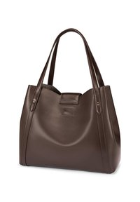 Brown leather tote bag with two long handles, featuring a smooth finish and an open top design. Includes a subtle hardware detail on the sides.