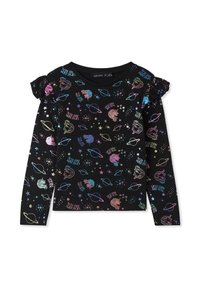 Czarna bluzka z długim rękawem z kolorowymi, błyszczącymi nadrukami w tematyce kosmicznej, w tym jednorożcami, planetami i gwiazdami; posiada falbaniaste akcenty na ramionach.