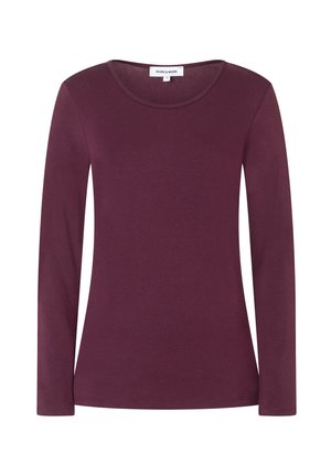Langärmliges Oberteil aus weichem, burgunderfarbenem Stoff. Mit rundem Halsausschnitt und einer taillierten Silhouette mit sauberen Säumen. Schlichtes, einfarbiges Design.