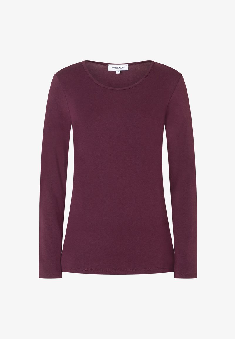 Long-sleeve top made of soft, burgundy fabric. Features a round neckline and a fitted silhouette with finished hems. Simple, solid design.