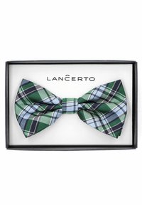 Zielono-niebieski krawat w kratkę, wykonany z teksturowanej tkaniny z kontrastującymi czarnymi i białymi liniami, zaprezentowany w czarnym pudełku.