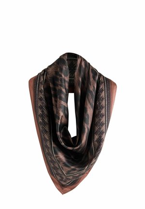 Brown and black patterned square scarf folded in a looped drape with geometric and abstract motifs on a white background.