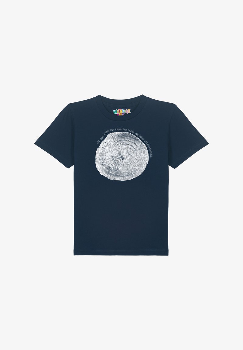 T-shirt bleu marine en coton, comportant un graphique de cercles d'arbre blancs avec du texte autour. Manches courtes et col rond.