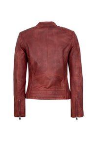Rote Lederjacke mit tailliertem Design, Reißverschlussärmeln und strukturiertem Paneleinsatz an Schultern und Rücken. Glatte Oberfläche und maßgeschneiderte Form.