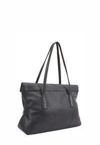 Sac fourre-tout en cuir noir avec une texture lisse, une forme structurée et deux longues poignées. Présente un design simple et sans ornement.