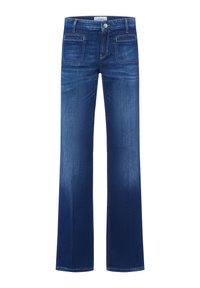 Dark blue flared jeans made of denim, featuring a smooth texture, five pockets, and contrasting yellow stitching details.