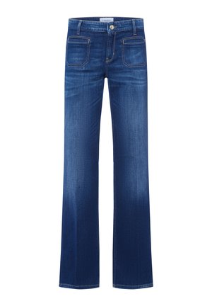Dunkelblaue ausgestellte Jeans aus Denim, mit einer glatten Textur, fünf Taschen und kontrastierenden gelben Nähten.