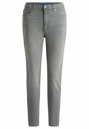 Grey denim jeans with a slim fit, five-pocket design, subtle whiskering details, and a metal button closure at the waist.
