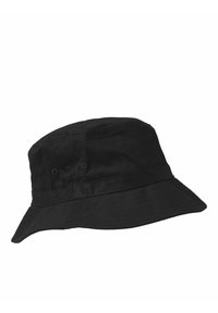 Black bucket hat made of fabric, featuring a wide brim, smooth texture, and stitched detailing, with vent holes on the sides.