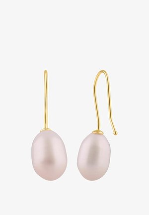 Złote kolczyki na haczyku z gładkimi, wydłużonymi różowymi perłami o subtelnym połysku i zaokrąglonym kształcie, umieszczone na cienkim drucianym haczyku.