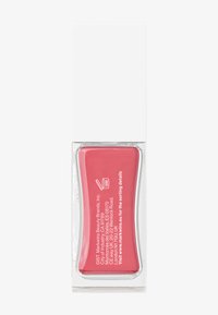 Vernis à ongles dans une bouteille rectangulaire transparente avec un liquide rose. Le capuchon est blanc et l'étiquette comporte du texte et des icônes au dos.