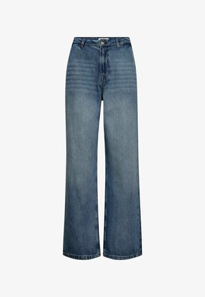 Wide-leg blue denim jeans with a high waist, featuring subtle vertical ribbing, classic five-pocket design, and a zipper fly.