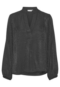 Blusa nera con scollatura a V, realizzata in un tessuto morbido, con dettagli plissettati sulle spalle e maniche lunghe a palloncino. Presenta una texture e un motivo sottili.