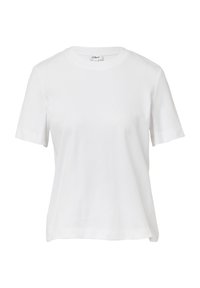 Biała bawełniana koszulka z krótkimi rękawami, okrągłym dekoltem i prostym dołem. Miękka w dotyku, minimalistyczna, bez widocznych wzorów ani zdobień.