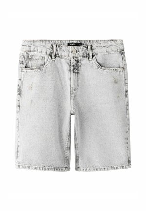 Világosszürke farmer rövidnadrágok elülső zsebekkel, övbújtatókkal és gombos záródással, enyhén kifakult részletekkel.