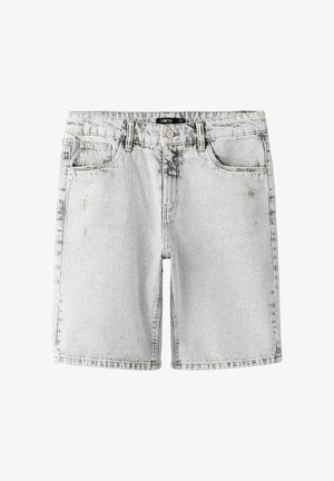 Světle šedé džíny šortky s předními kapsami, poutky na pásek a knoflíkovým zapínáním, s mírně vybledlým vzhledem.