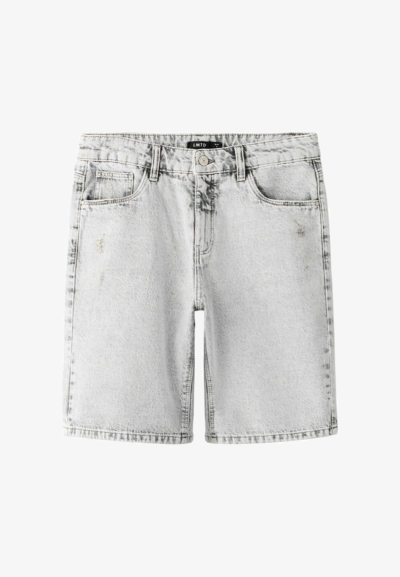 Shorts in denim grigio chiaro con tasche frontali, passanti per cintura e chiusura con bottone, con dettagli leggermente sbiaditi.