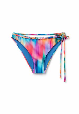 Bikini-byxor med ett färgglatt tie-dye-mönster i rosa, blått och orange. Har snörningar i sidorna och små dekorativa pärlor längs midjan.