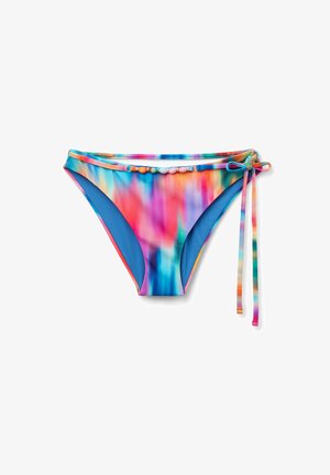 Bikini-Unterteil mit einem bunten Batikmuster in Pink, Blau und Orange. Verfügt über seitliche Bindebänder und kleine dekorative Perlen entlang der Taille.