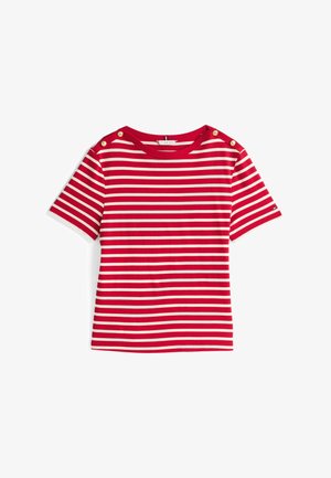 Rød og elfenbenstribet kortærmet t-shirt med rund hals og guldknapdetaljer på skuldrene. Blødt stof med en tætsiddende pasform.