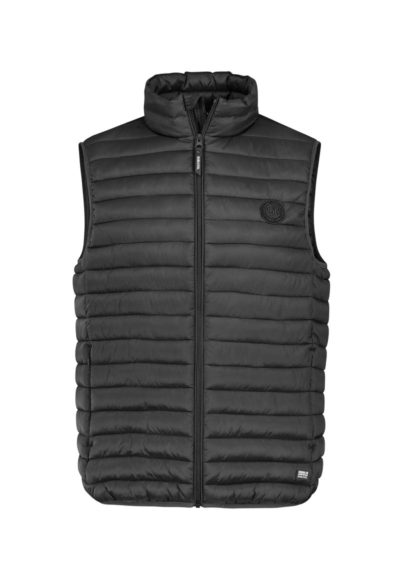Schwarze gesteppte ärmellose Pufferweste mit Reißverschluss vorne, hohem Kragen und kleinen Markenlogos auf der Brust und am unteren Saum.
