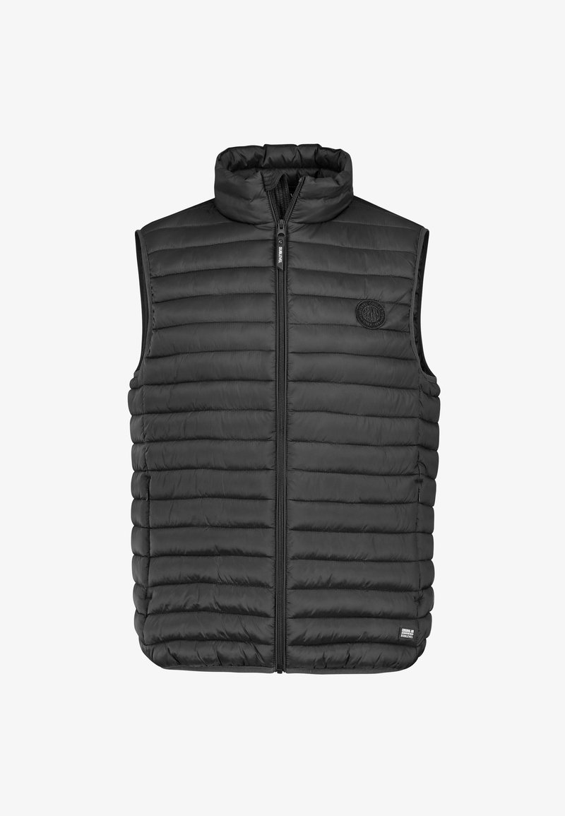 Schwarze gesteppte ärmellose Pufferweste mit Reißverschluss vorne, hohem Kragen und kleinen Markenlogos auf der Brust und am unteren Saum.